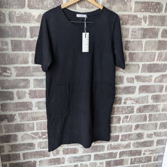 NWT / BLACK SLUB JERSEY T-SHIRT DRESS / HALF SLEEVE WITH POCKETS / SMALL - Picture 2 of 11